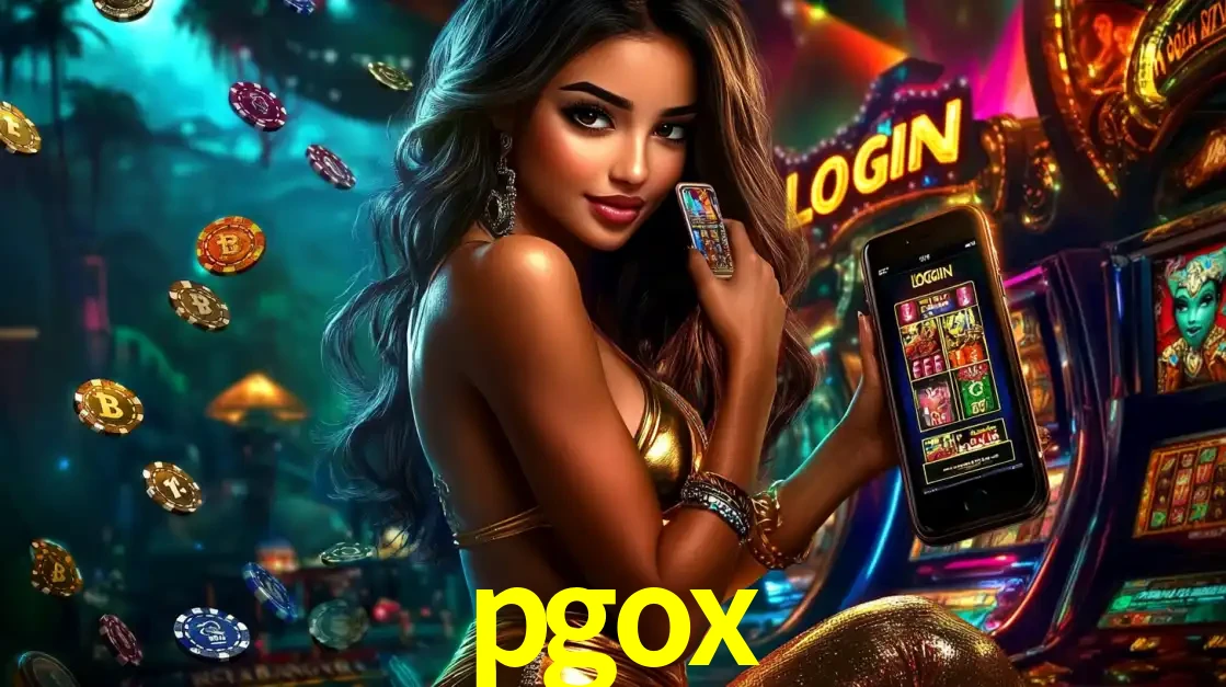 Mulher em um cenário de cassino temático de aventura, mostrando o app de caça-níqueis da pgox no celular. Fichas de apostas flutuam ao redor.