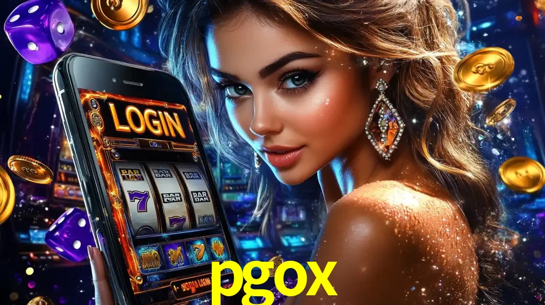 Mulher glamorosa segurando um smartphone com a tela de login para os jogos de caça-níqueis do cassino online pgox, com moedas de ouro e dados ao redor.